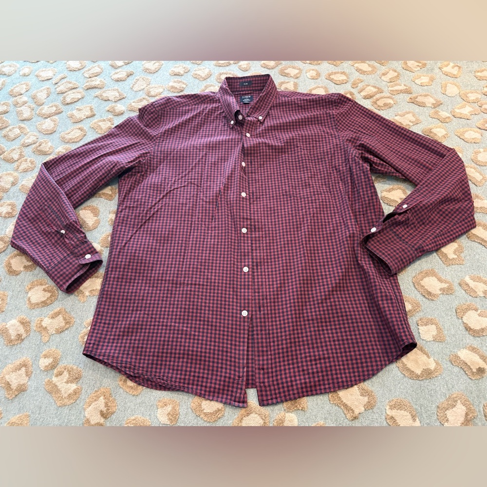 J. Crew Men's Burgundy and Navy Checkered Button Down Shirt
